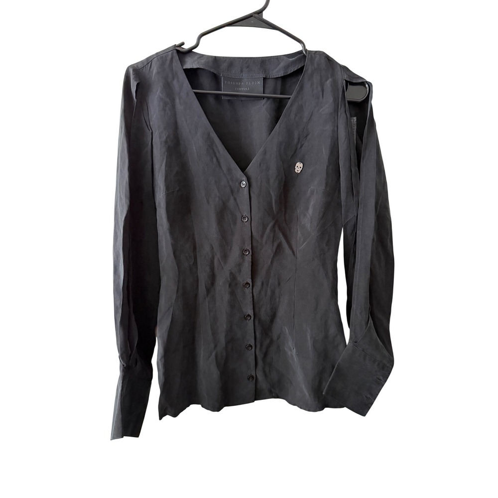 Philipp Plein Couture Black Cupro Button Down Blouse Crystal Skull P18C WRP0079